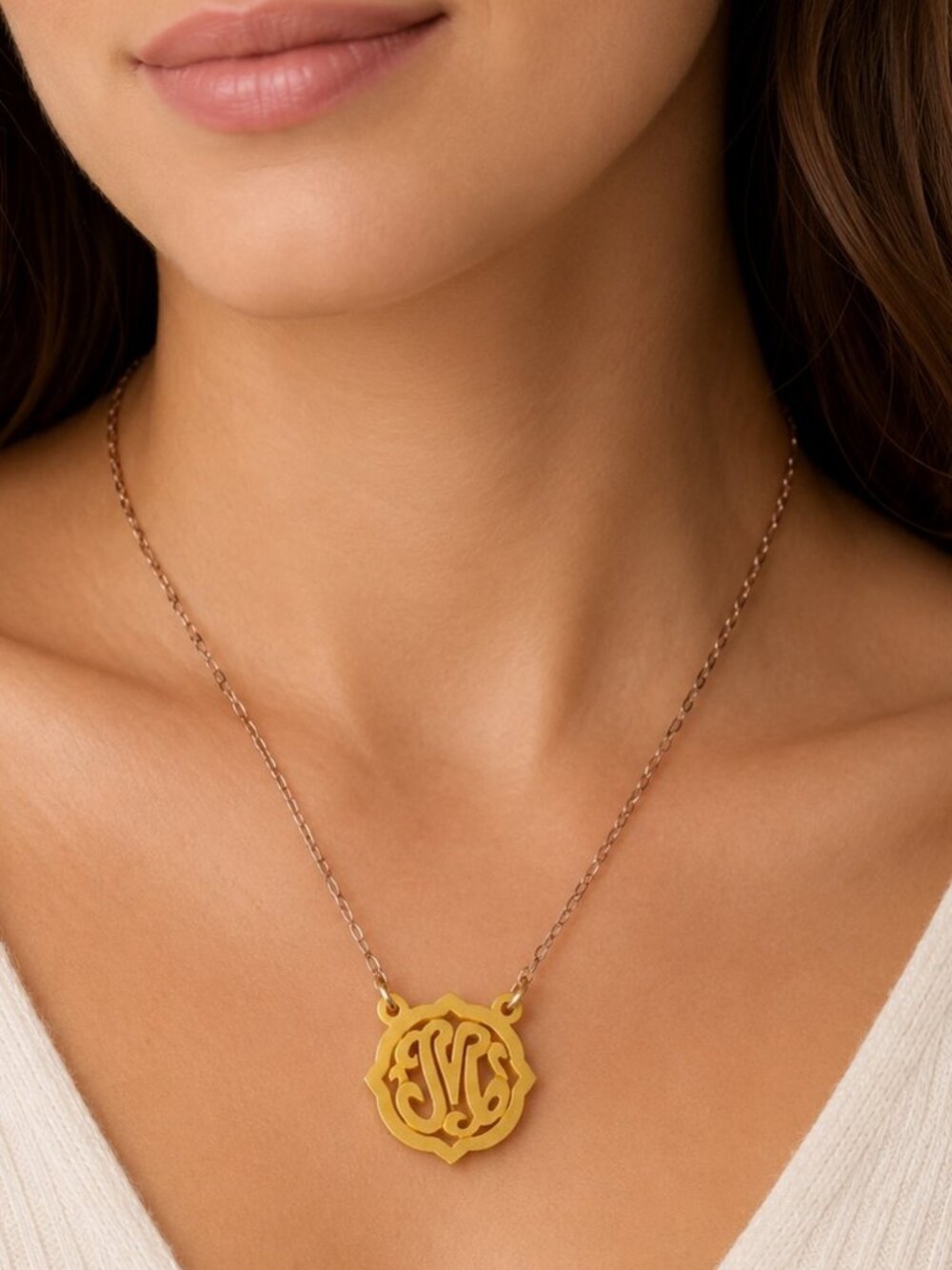 Artisan Letter M Acrylic Monogram Necklace 925 Sterling Chain Gold Tone 18in